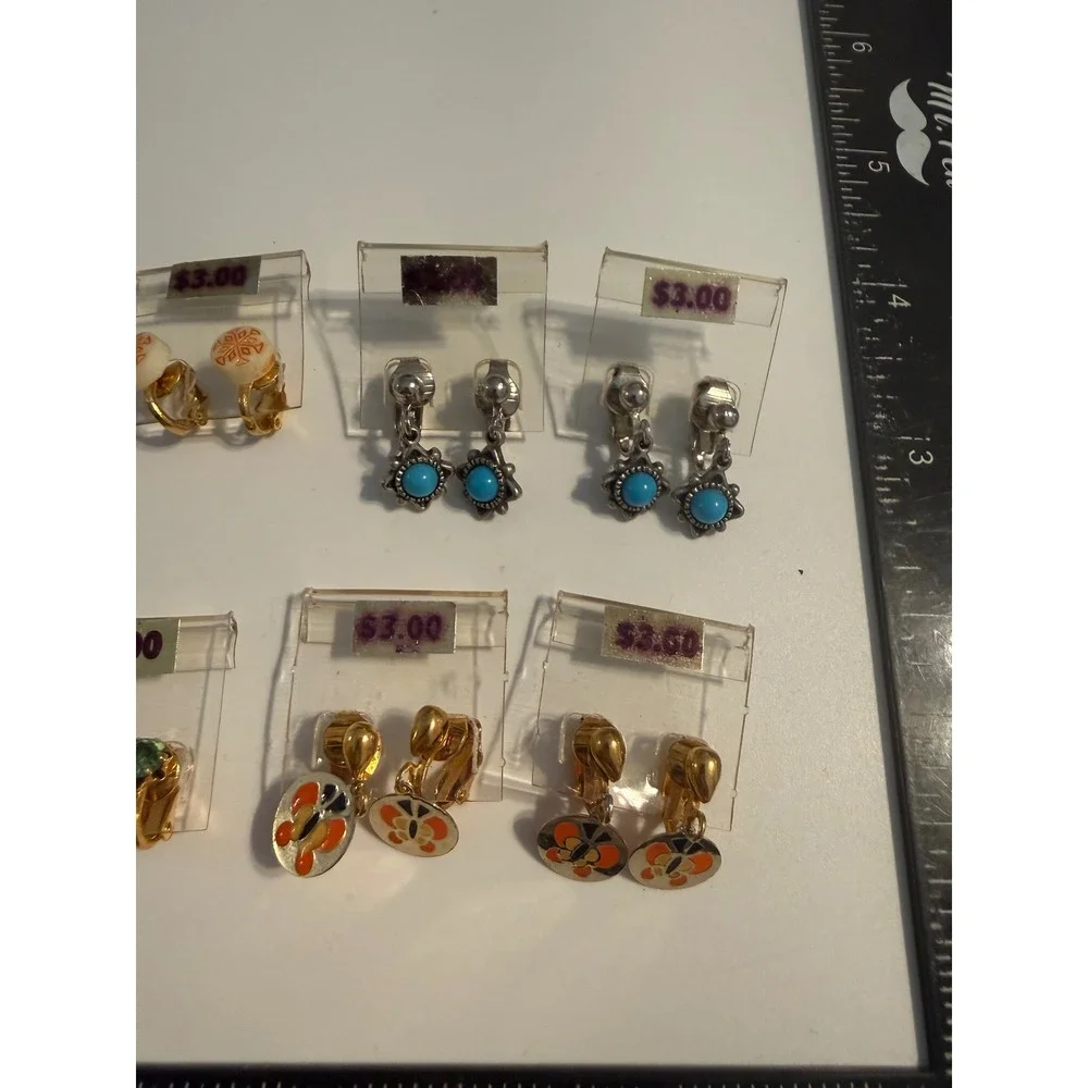 Vintage Clip On Earring Lot 8 Pairs Enamel Butterfly Turquoise Tone Floral Mixed
